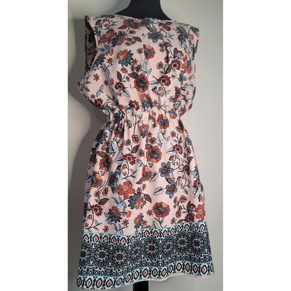Speed Control Dresses & Skirts - Satiny Peach Floral Boho Dress Smocked Waist Zipper Pockets Speed Control Sz XL